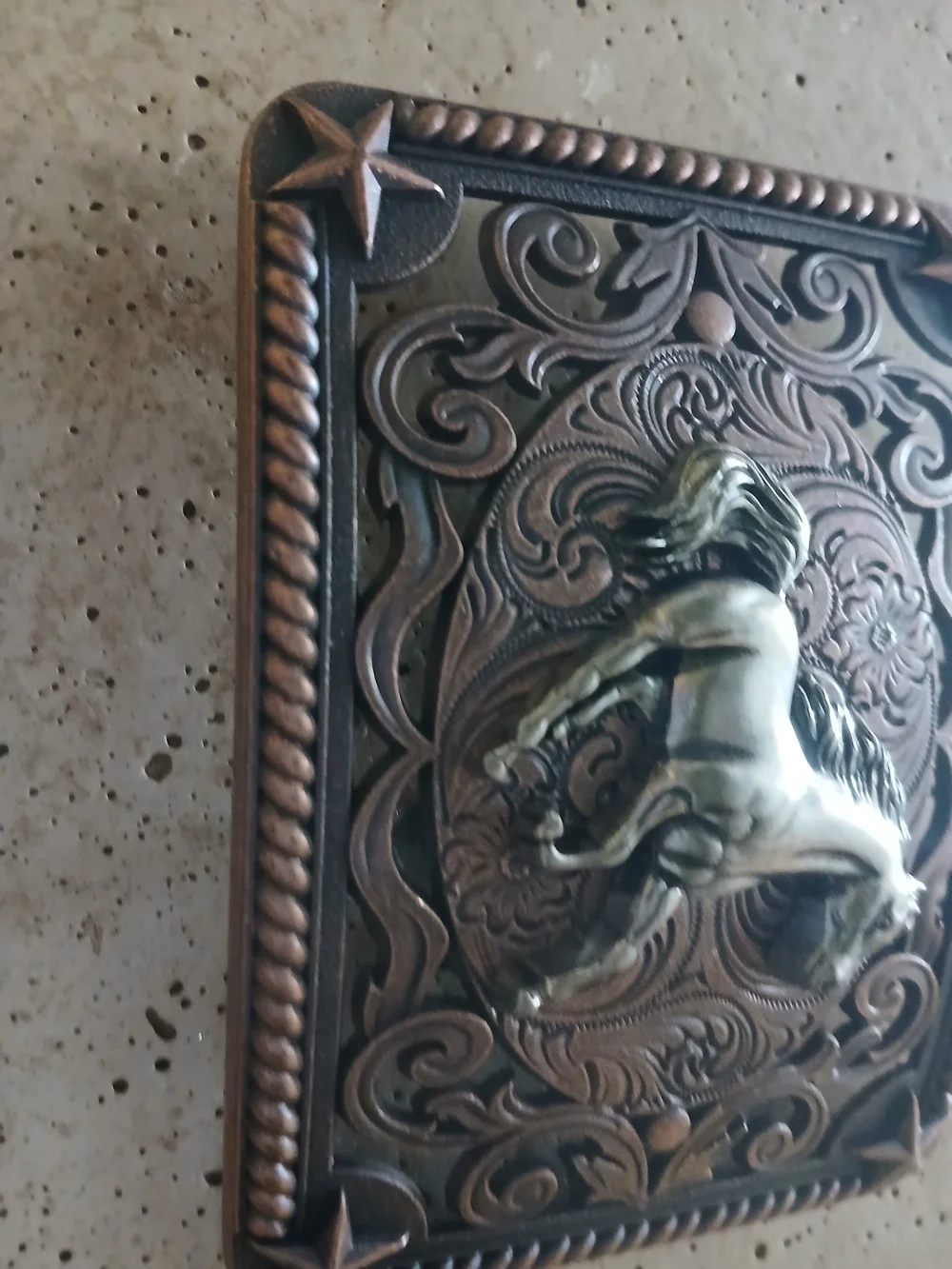 Western Horse Embossed Metal -belt Buckle Copper-Tone